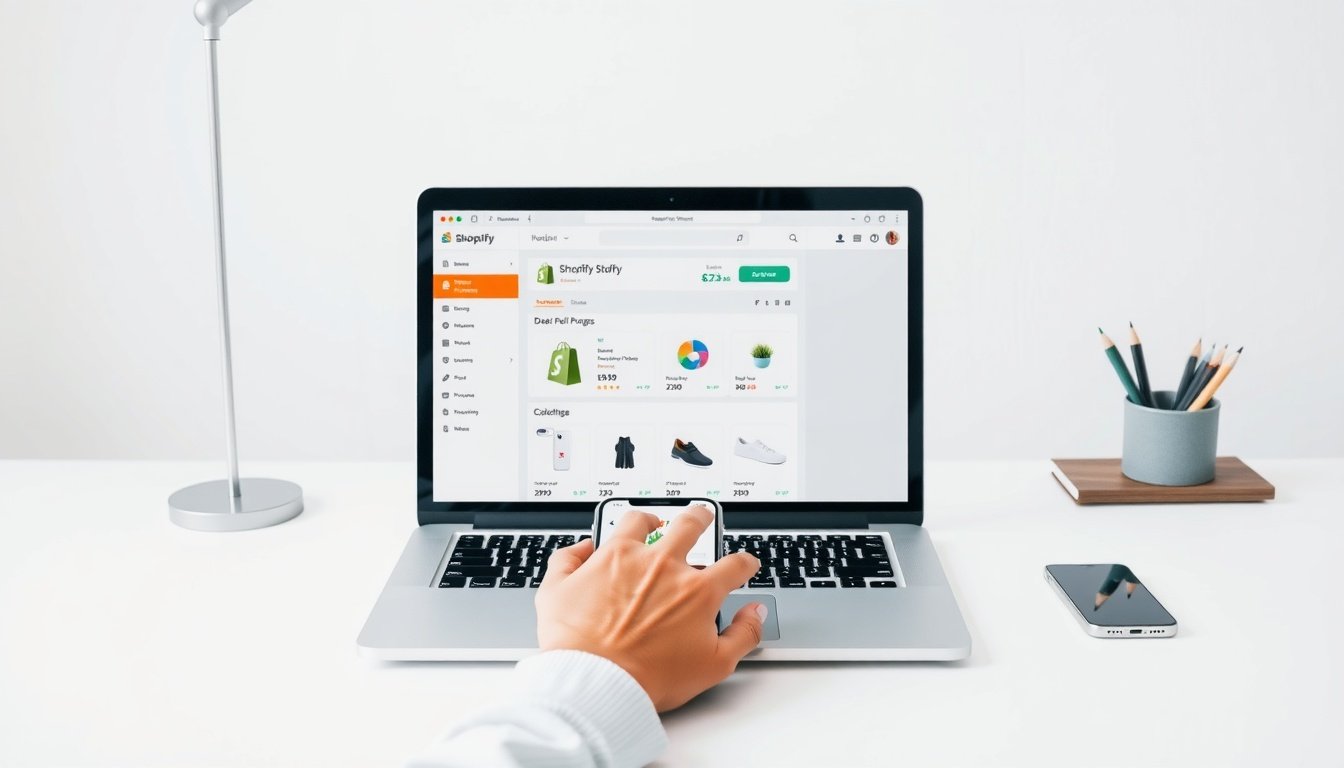 쇼피파이 - flat lay of laptop and smartphone showing Shopify dashboard on white desk, online store concept