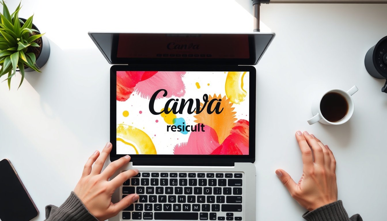 캔바 사용법 포스터 - flat lay of printed colorful poster next to laptop with Canva poster design on screen, overhead view, bright clean desk setup