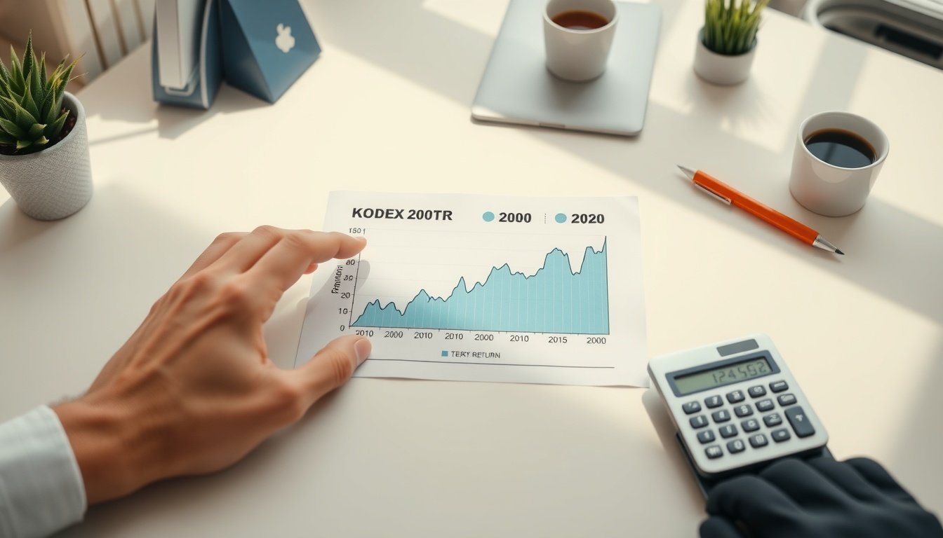 코덱스200TR - comparison chart concept showing KODEX 200TR vs KODEX 200 long-term return difference, flat lay with graph printout and calculator on desk
