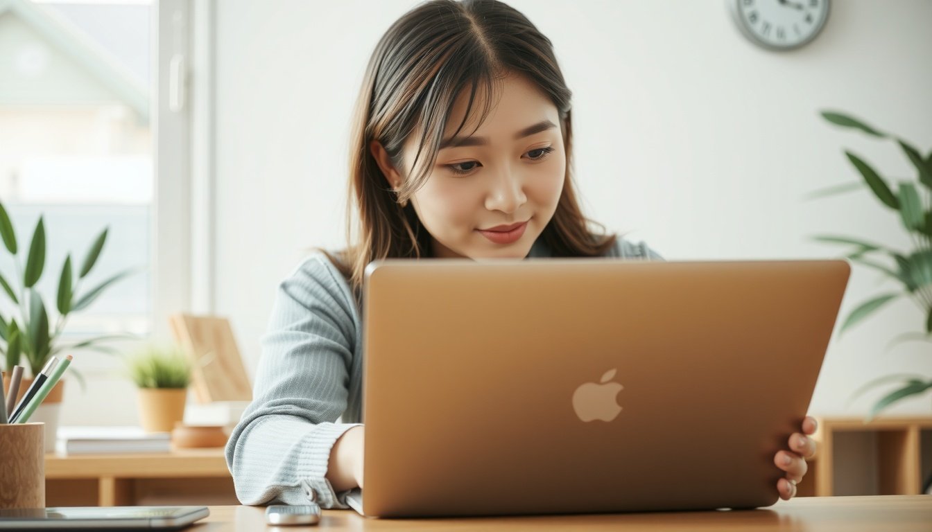 미리캔버스 해지 환불 - Korean woman upper body shot with face visible, looking at laptop screen checking subscription refund status, natural hands, home office background