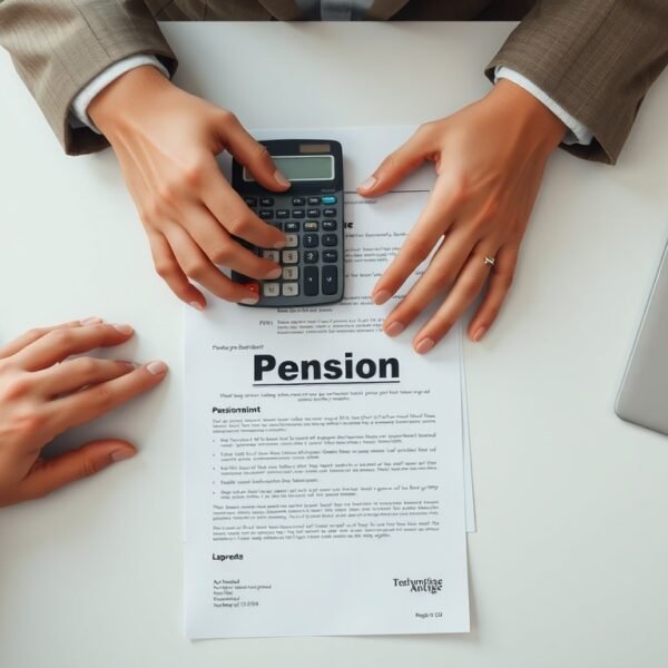 톤틴연금 - flat lay of pension documents and calculator on white desk, tontine annuity concept overhead view
