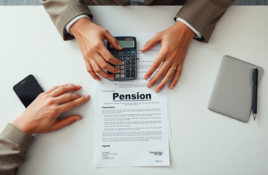 톤틴연금 - flat lay of pension documents and calculator on white desk, tontine annuity concept overhead view