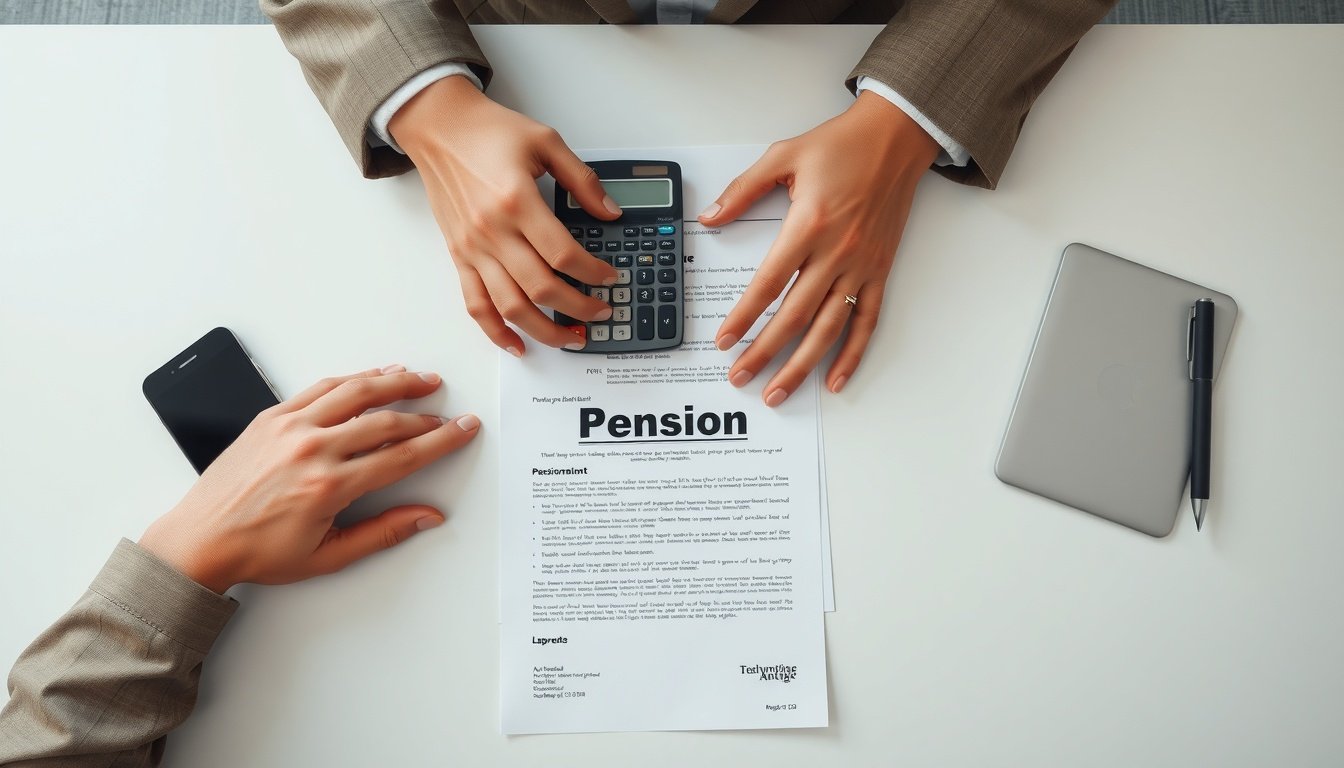 톤틴연금 - flat lay of pension documents and calculator on white desk, tontine annuity concept overhead view