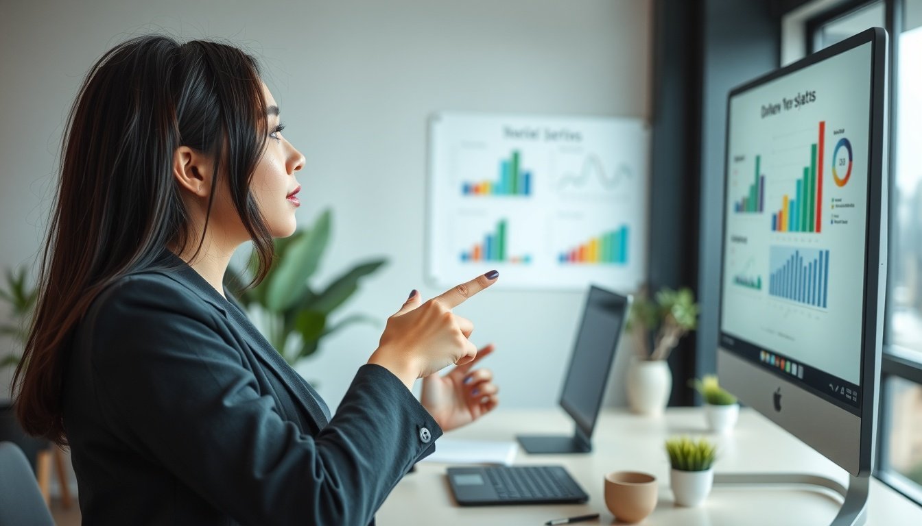 미리캔버스 ppt - Korean professional woman upper body shot with face visible, presenting PPT slide on screen in office environment, natural hands pointing at monitor