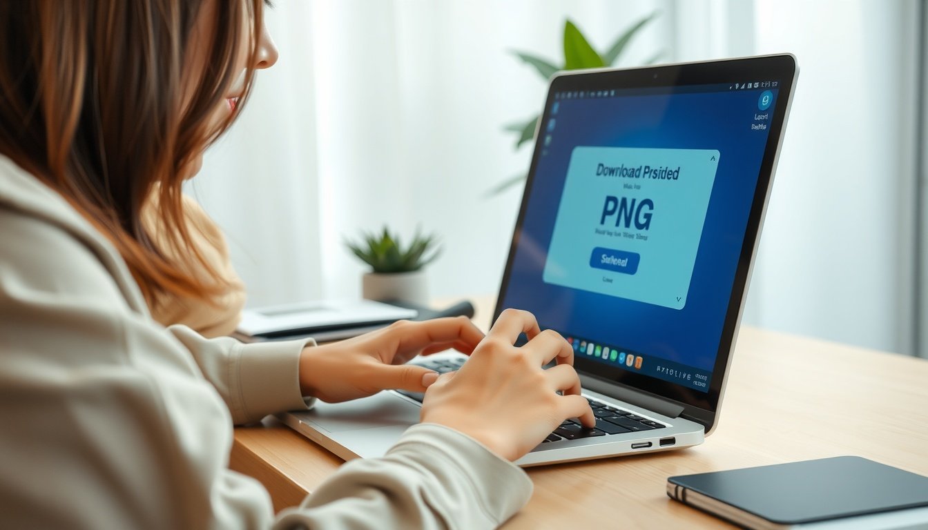 미리캔버스 PNG 다운로드 안됨 해결 - Korean woman upper body shot with face visible, looking at laptop screen resolving PNG download issue on Miricanvas, natural hands, bright home office setting