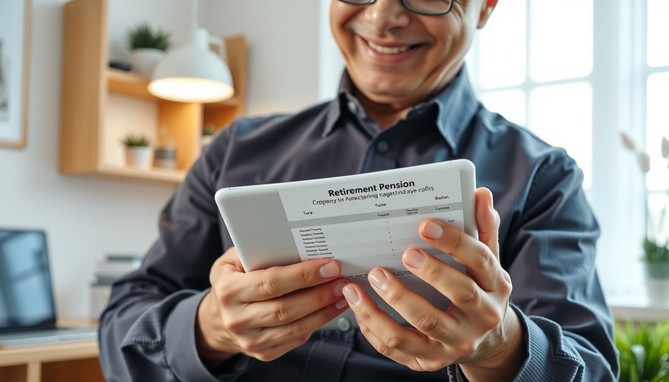 톤틴연금 - Korean elderly man upper body shot with face visible, smiling while reviewing retirement pension plan on tablet, natural hands, bright home background