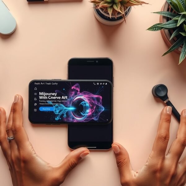 미드저니 무료 - flat lay of smartphone showing AI-generated art with Midjourney free trial concept, pastel background, overhead view