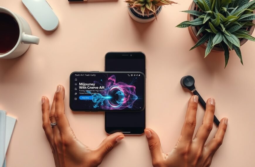 미드저니 무료 - flat lay of smartphone showing AI-generated art with Midjourney free trial concept, pastel background, overhead view