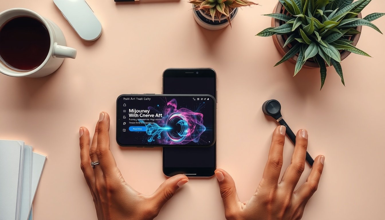 미드저니 무료 - flat lay of smartphone showing AI-generated art with Midjourney free trial concept, pastel background, overhead view