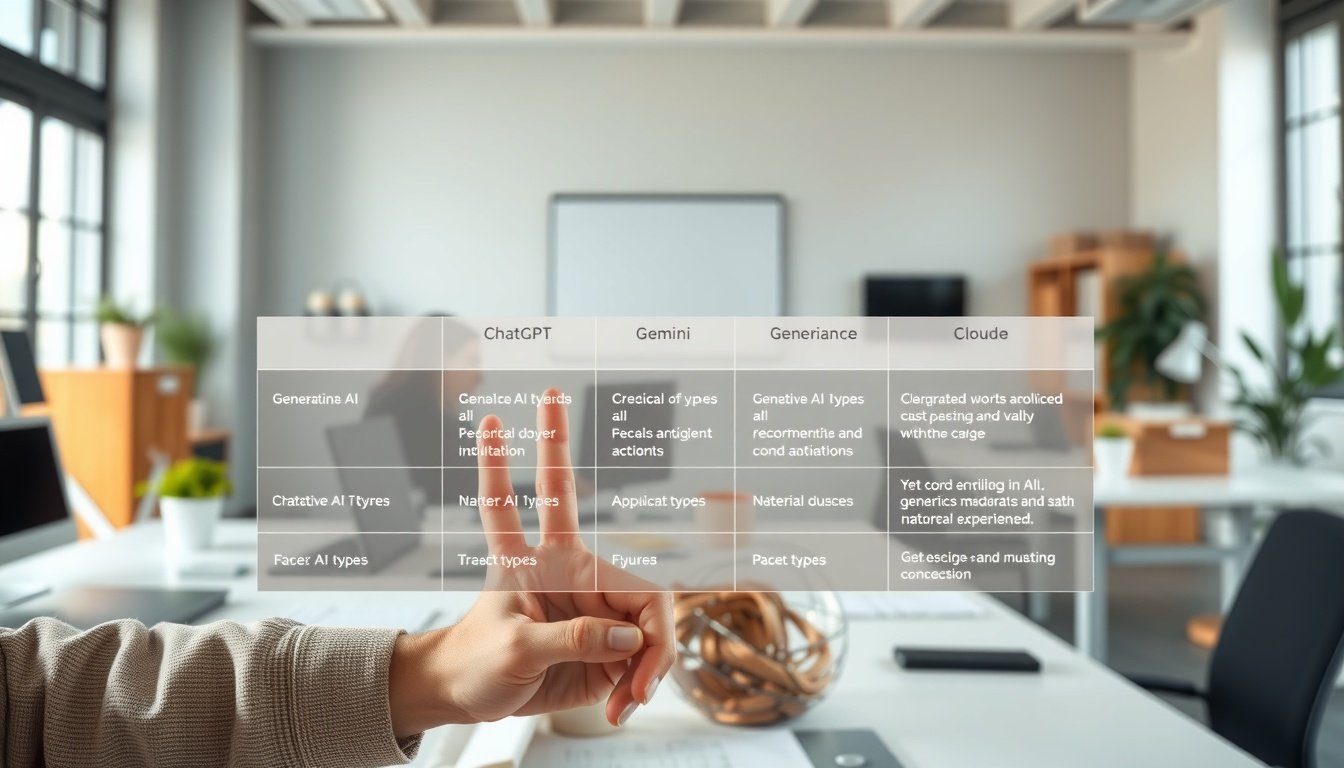생성형 AI 종류 및 특징 - comparison chart of 7 generative AI tools including ChatGPT, Gemini, Claude, generative AI types and features infographic, flat lay style