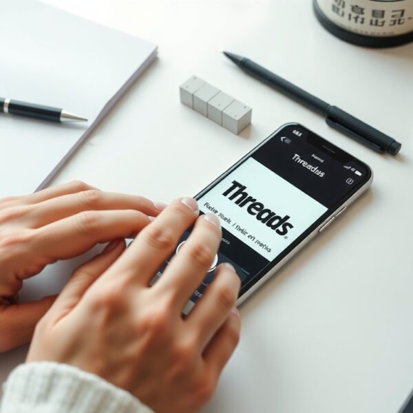 스레드 수익화 강의 - flat lay of smartphone displaying Threads app icon on white desk with notebook and pen, threads monetization concept