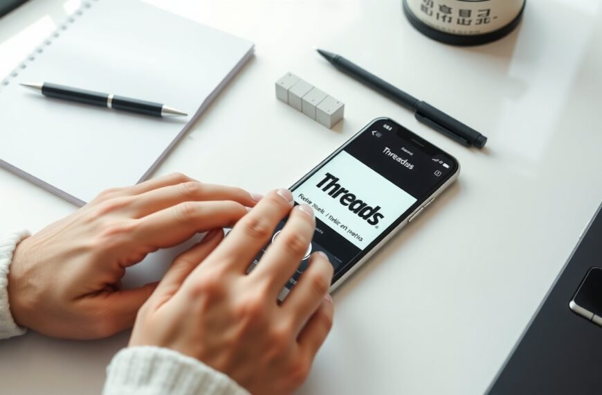 스레드 수익화 강의 - flat lay of smartphone displaying Threads app icon on white desk with notebook and pen, threads monetization concept