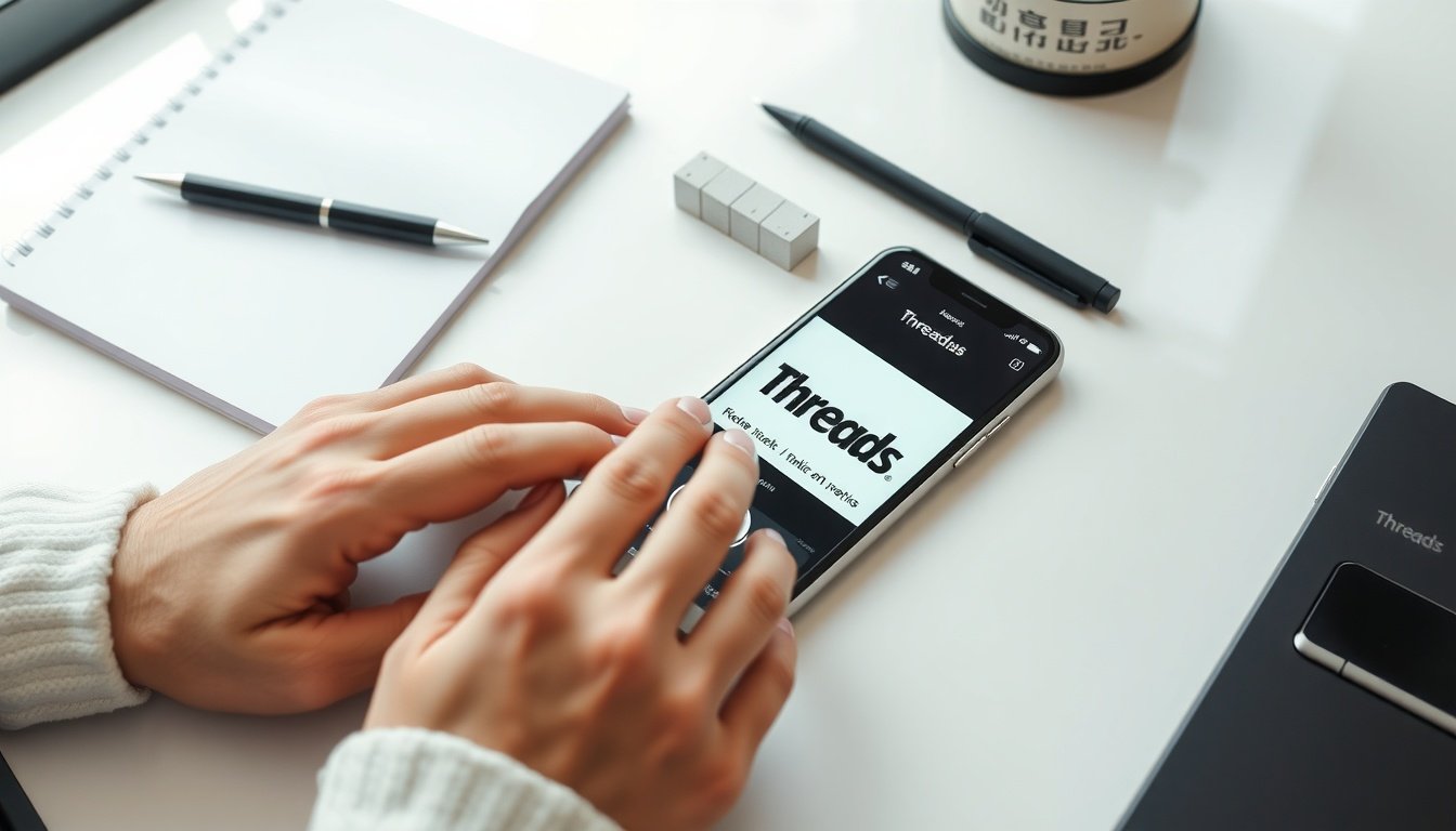 스레드 수익화 강의 - flat lay of smartphone displaying Threads app icon on white desk with notebook and pen, threads monetization concept