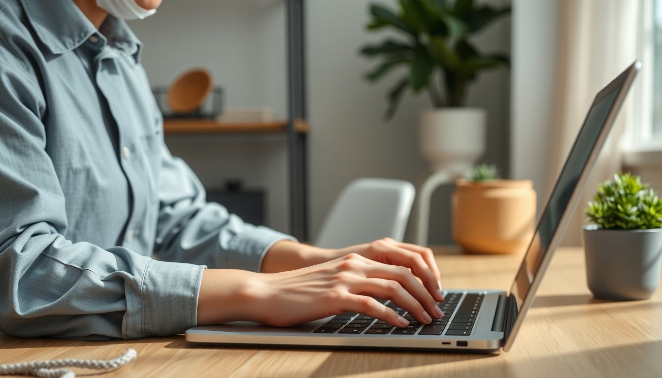 Runway ML - Korean person upper body shot with face visible, using Runway ML AI video tool on laptop at home office, natural hands typing