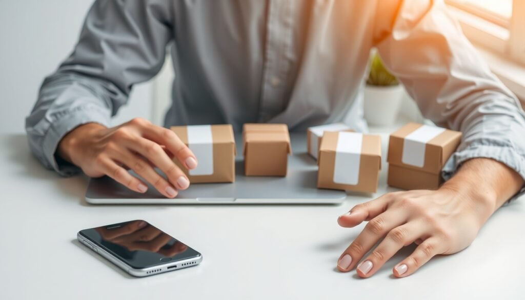 드랍쉬핑 - flat lay of laptop, smartphone, and product boxes on white desk, dropshipping e-commerce concept