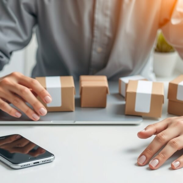 드랍쉬핑 - flat lay of laptop, smartphone, and product boxes on white desk, dropshipping e-commerce concept