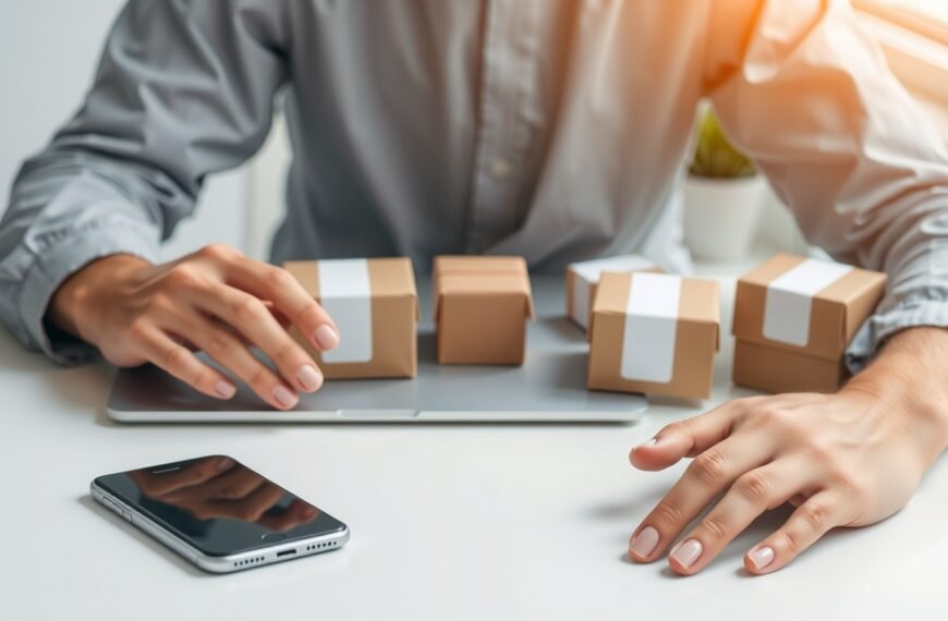 드랍쉬핑 - flat lay of laptop, smartphone, and product boxes on white desk, dropshipping e-commerce concept