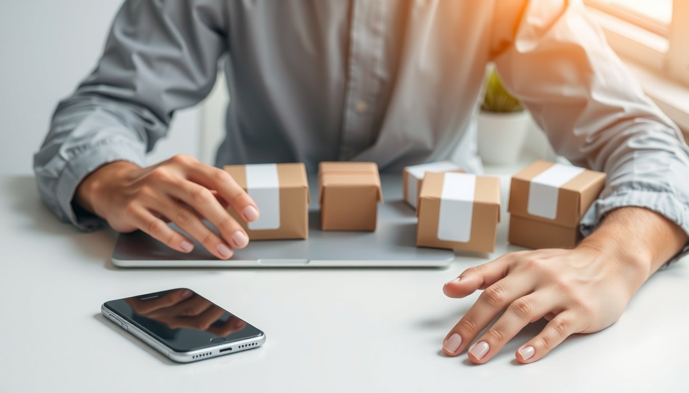 드랍쉬핑 - flat lay of laptop, smartphone, and product boxes on white desk, dropshipping e-commerce concept