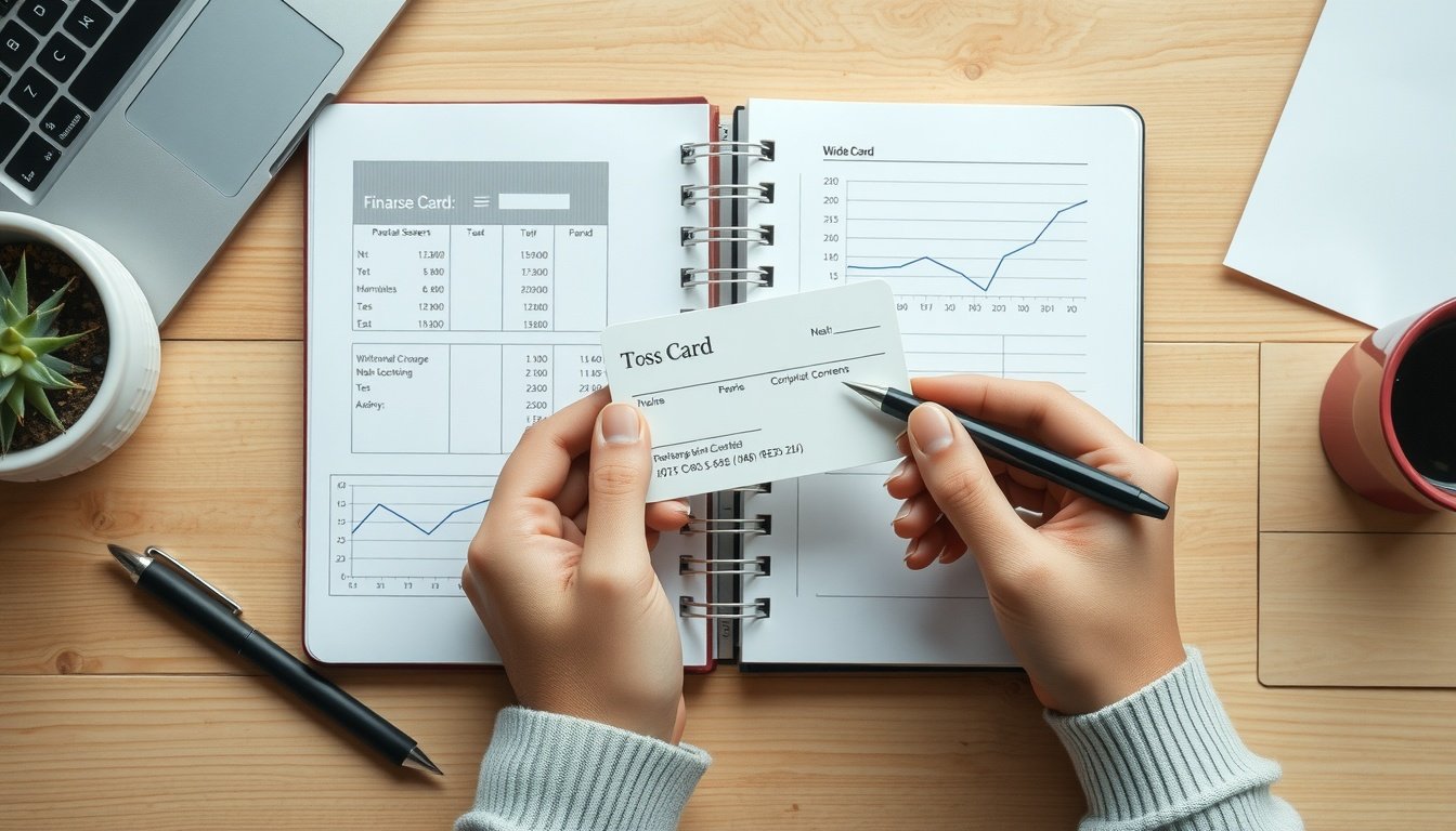 토스와이드카드 - flat lay of Toss Wide Card on wooden desk with notebook and pen, financial planning concept, overhead view