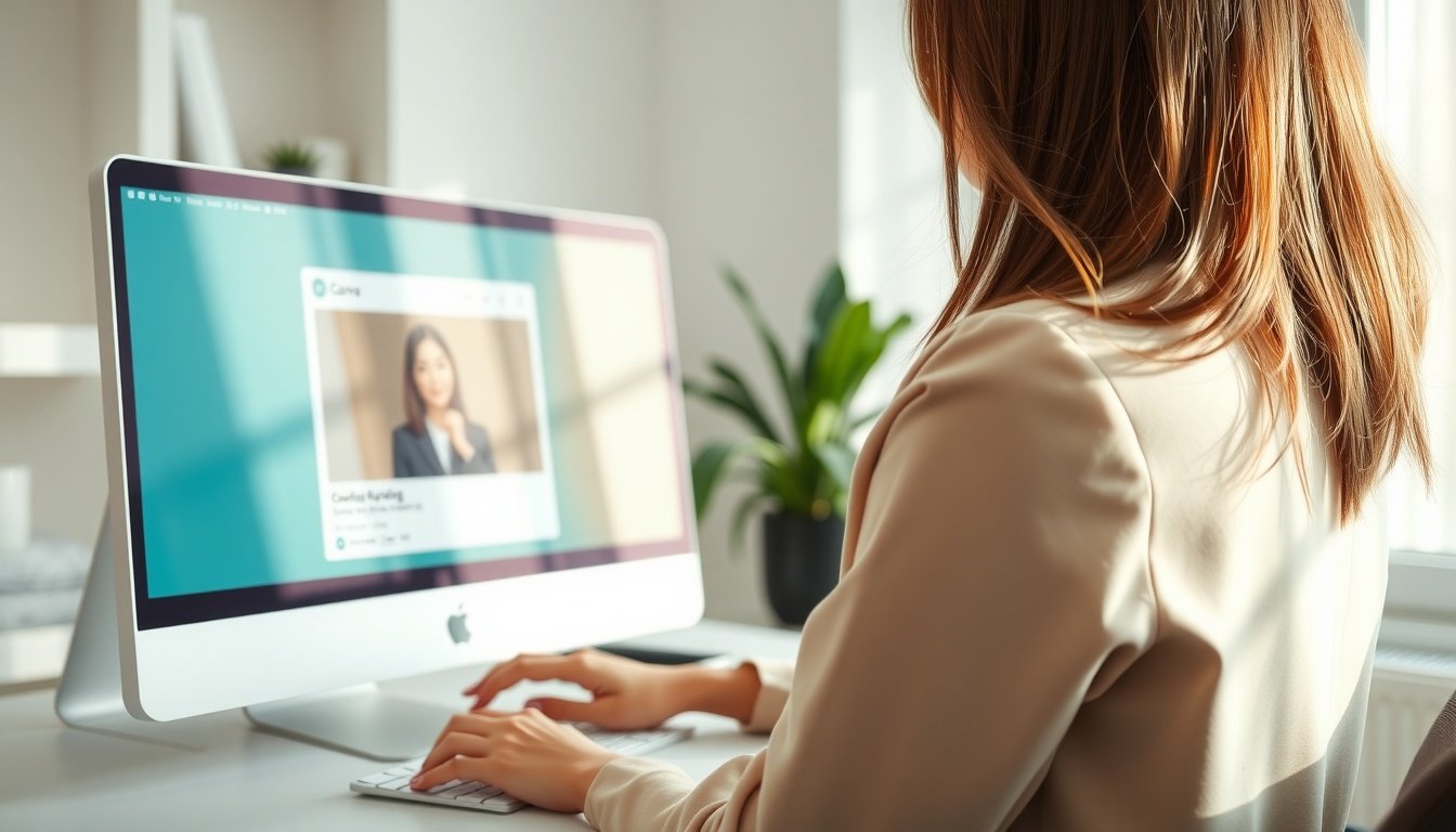 캔바 사용법 동영상 - Korean woman upper body shot with face visible, working on Canva video project on desktop computer in bright home office, natural hands, canva tutorial