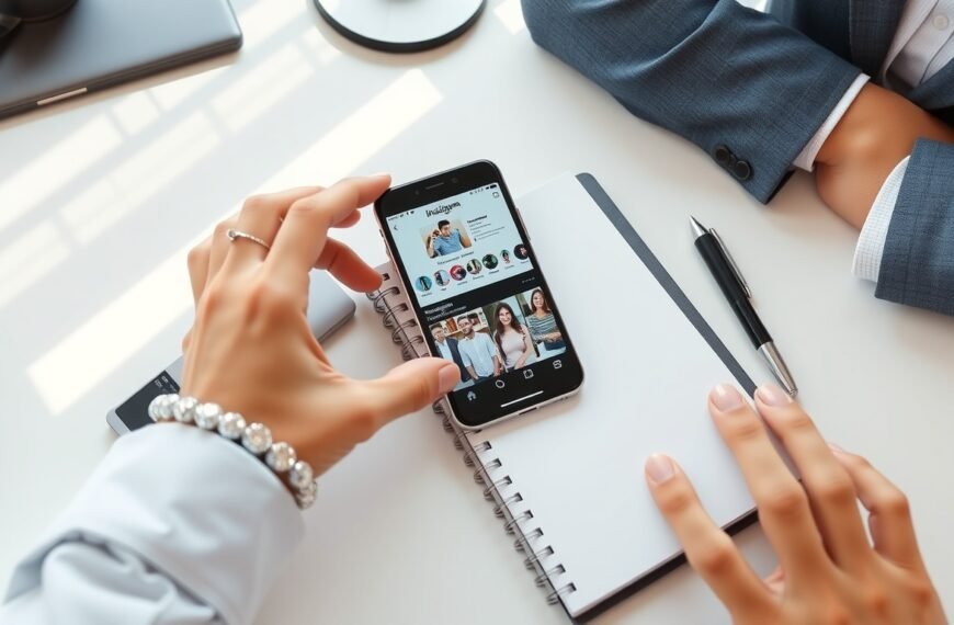 SNS광고마케터 - flat lay of smartphone showing Instagram ads dashboard with notebook and pen on white desk, SNS advertising marketer concept