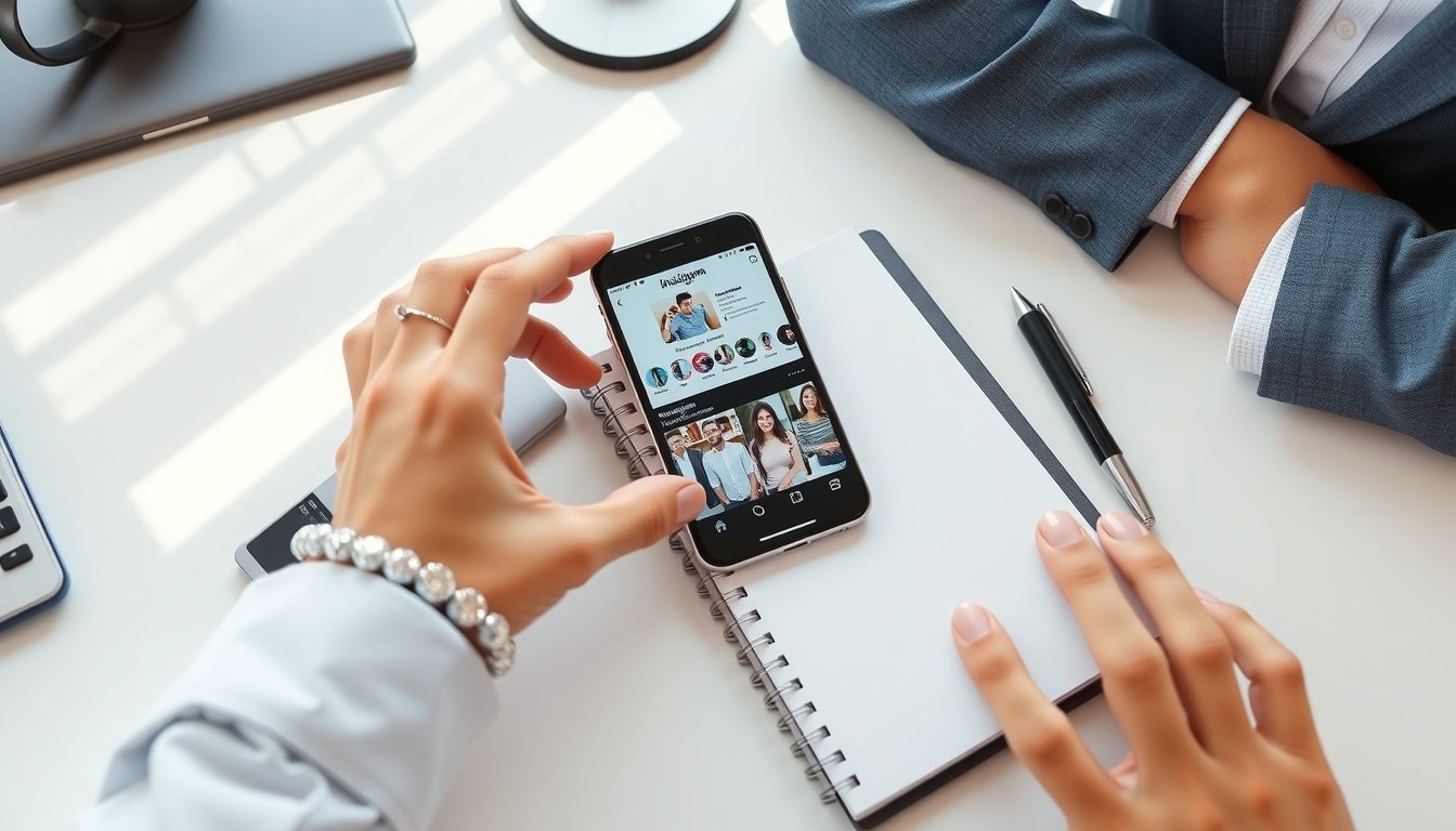 SNS광고마케터 - flat lay of smartphone showing Instagram ads dashboard with notebook and pen on white desk, SNS advertising marketer concept