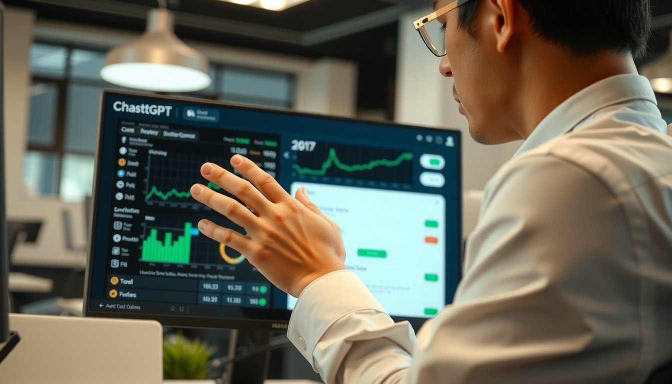 ChatGPT - Korean professional man upper body shot with face visible, analyzing data on computer screen with ChatGPT interface, natural hands, office setting