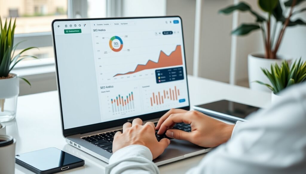 Person typing on laptop with SEO analytics dashboard visible on screen, modern home office setting