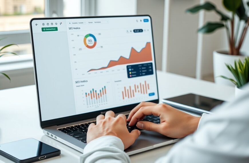 Person typing on laptop with SEO analytics dashboard visible on screen, modern home office setting