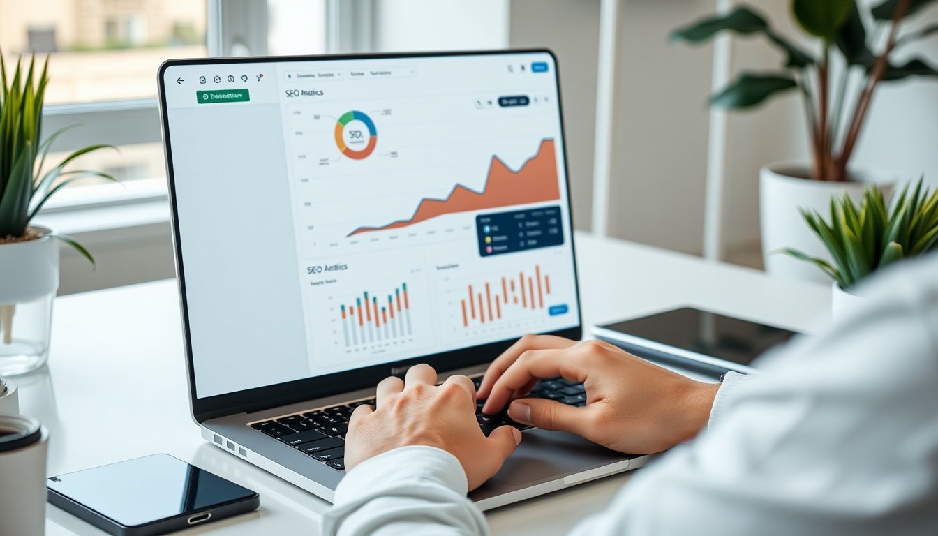 Person typing on laptop with SEO analytics dashboard visible on screen, modern home office setting