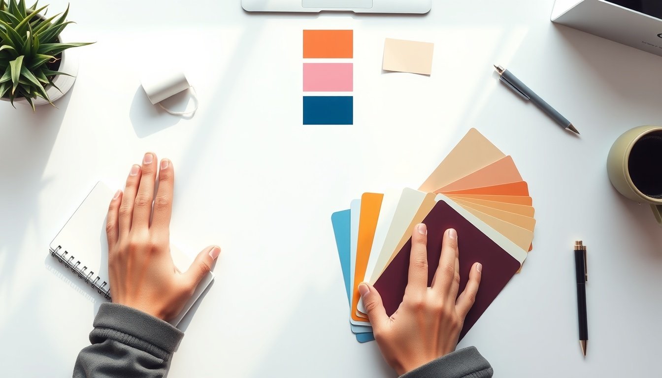 미리캔버스 ai - flat lay of design mockups and color swatches created with Miricanvas AI tool, product shot on white background, overhead view