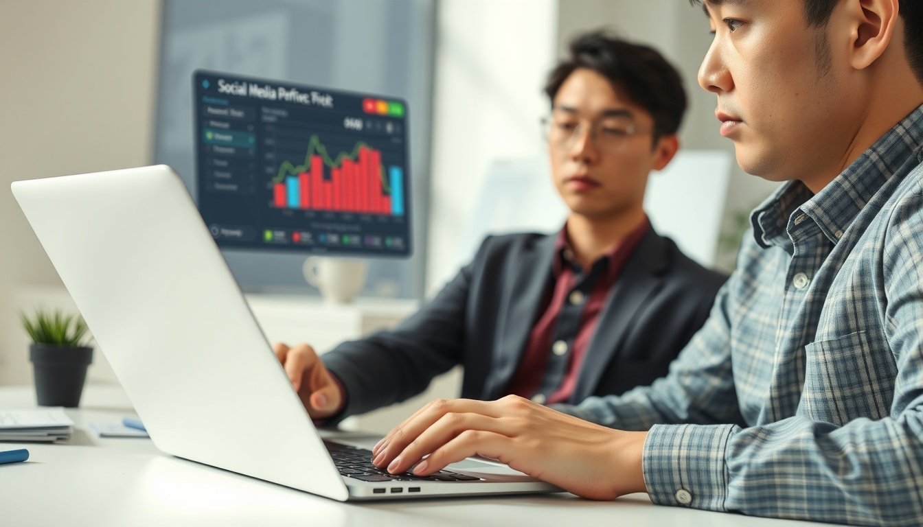 SNS광고마케터 - Korean man upper body shot with face visible, analyzing social media advertising performance data on laptop screen, natural hands, office environment