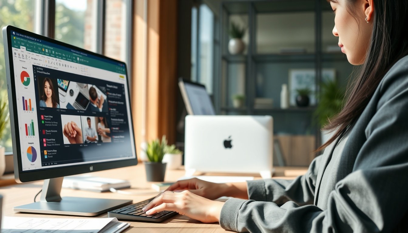 미리캔버스 ppt 변환 - Korean professional upper body shot with face visible, woman reviewing PPT slides on computer screen in office, natural hands on keyboard