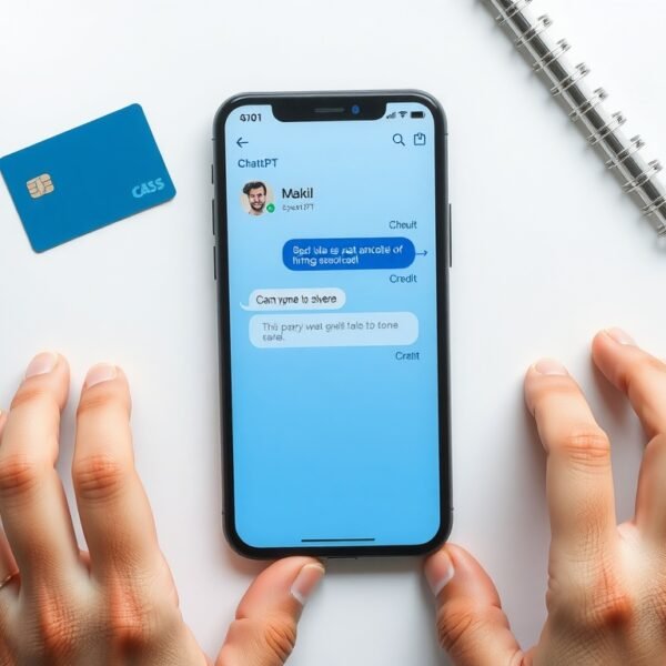 구글 챗gpt 해지 - flat lay of smartphone showing ChatGPT app interface and credit card on white desk, ChatGPT subscription cancellation concept