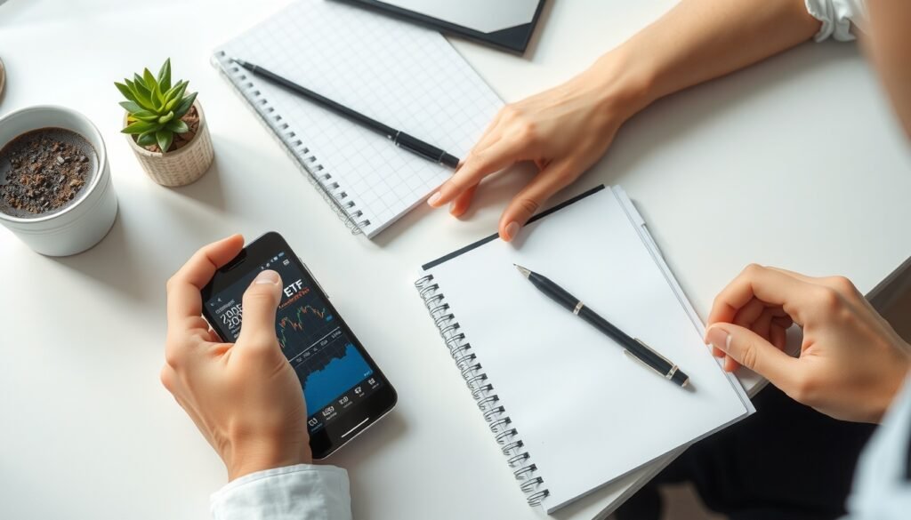 코덱스200TR - flat lay of Korean stock market ETF investment concept with smartphone showing KODEX 200TR chart, notebook and pen on white desk