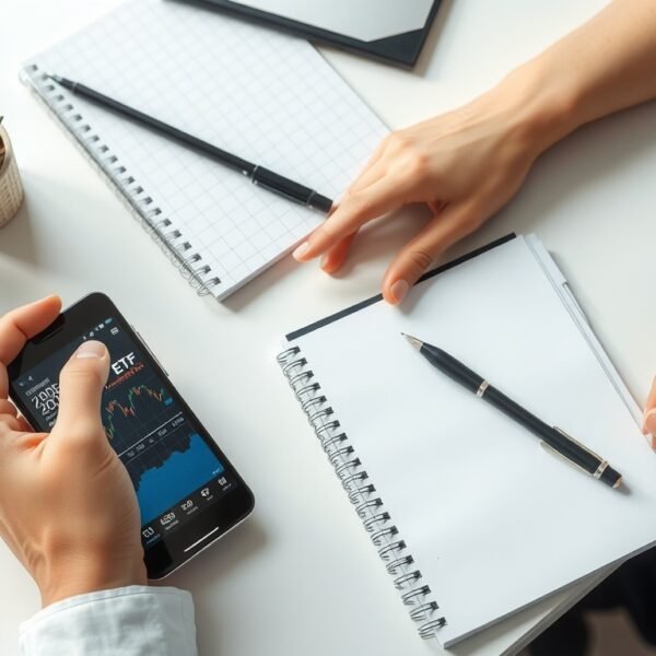 코덱스200TR - flat lay of Korean stock market ETF investment concept with smartphone showing KODEX 200TR chart, notebook and pen on white desk