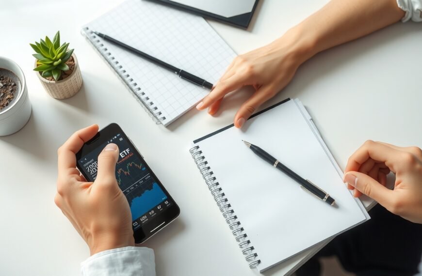 코덱스200TR - flat lay of Korean stock market ETF investment concept with smartphone showing KODEX 200TR chart, notebook and pen on white desk