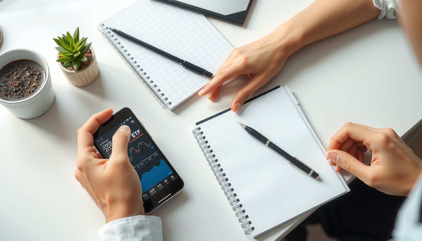 코덱스200TR - flat lay of Korean stock market ETF investment concept with smartphone showing KODEX 200TR chart, notebook and pen on white desk