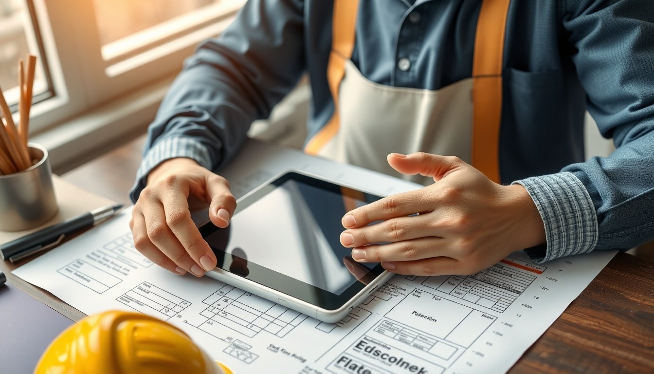 한국건설기술교육원 - flat lay of construction blueprint, hard hat, and tablet showing online education platform, Korean construction technology education concept