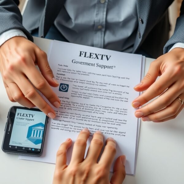 FLEXTV - flat lay of smartphone showing streaming app and government support document on white desk, FLEXTV creator support concept