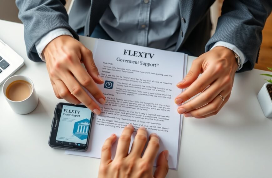 FLEXTV - flat lay of smartphone showing streaming app and government support document on white desk, FLEXTV creator support concept