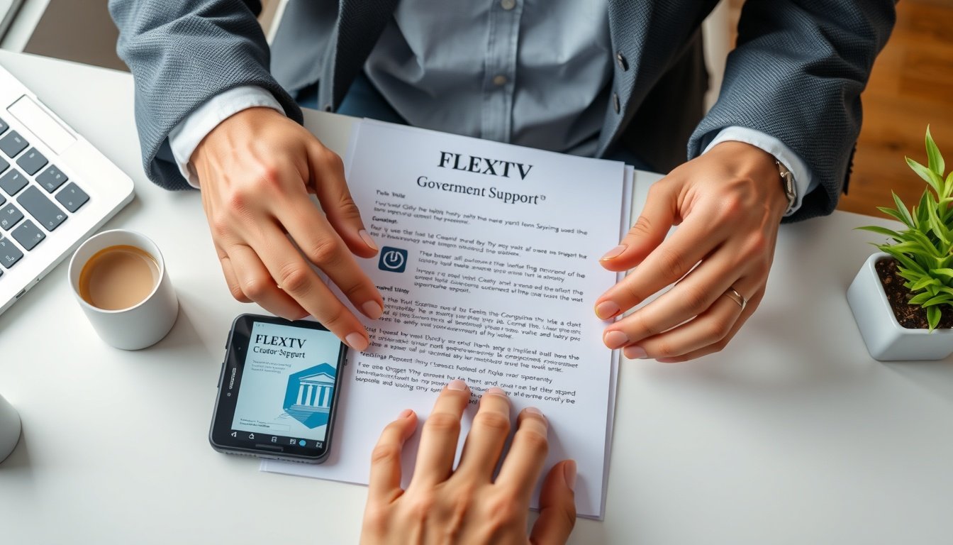 FLEXTV - flat lay of smartphone showing streaming app and government support document on white desk, FLEXTV creator support concept