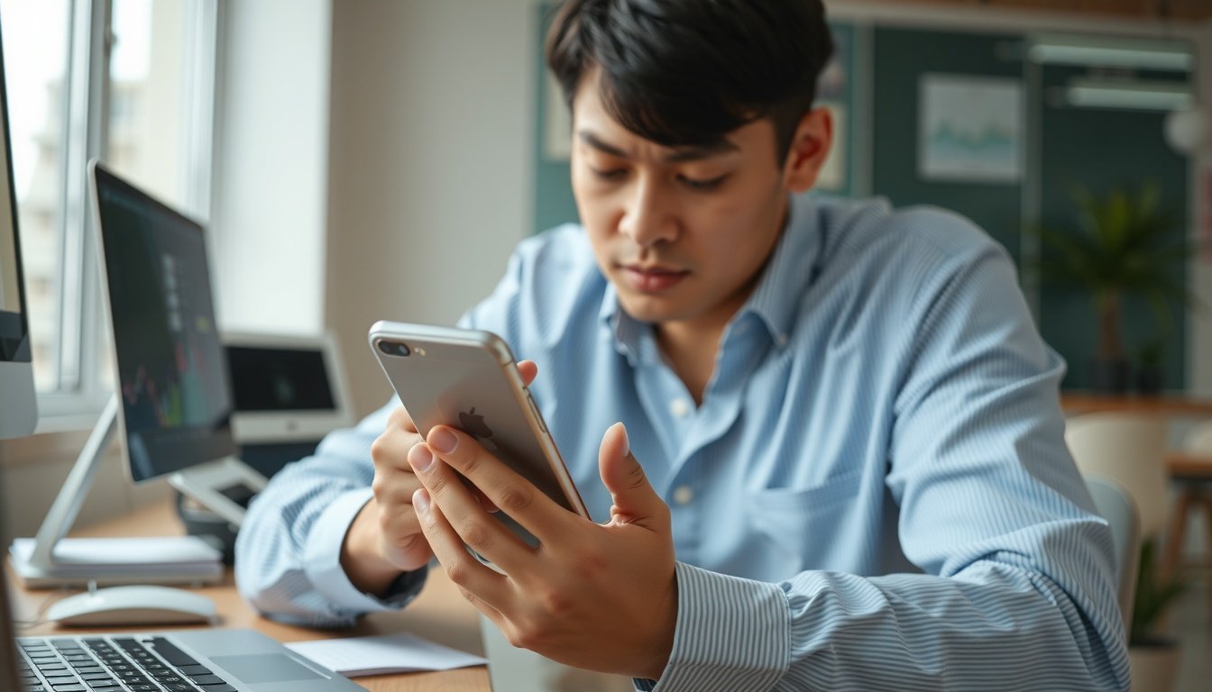 KODEX TRF7030 - Korean office worker upper body shot with face visible, checking investment app on smartphone at desk, natural hands