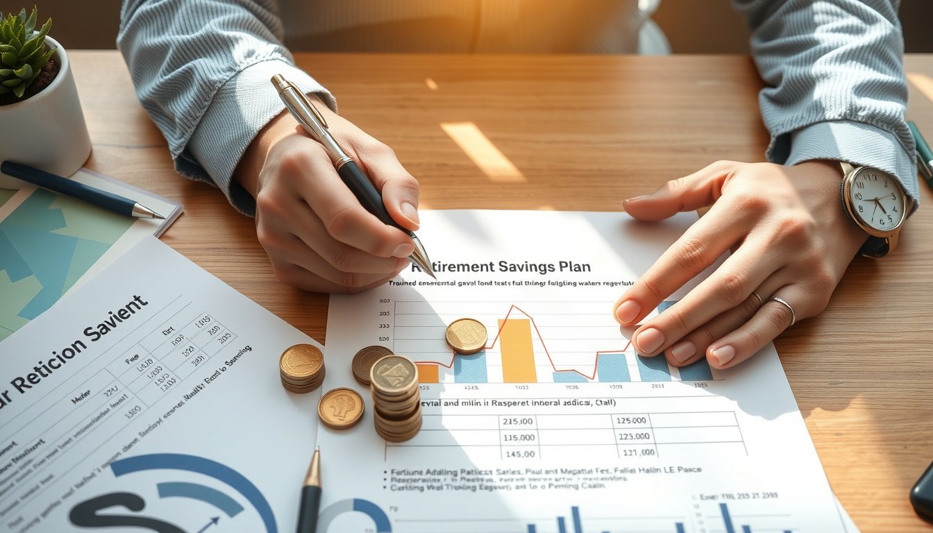 소득공제용 연금저축 - flat lay of retirement savings plan document, pen, and coins on wooden desk, pension deduction concept overview