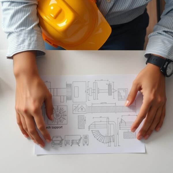 한국건설기술교육원 - flat lay of construction safety helmet and blueprint on white desk, Korean construction education support concept