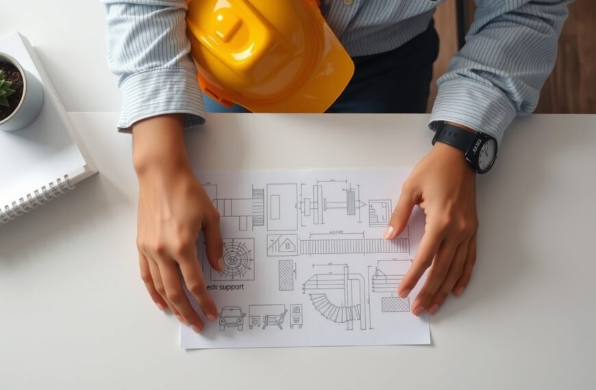 한국건설기술교육원 - flat lay of construction safety helmet and blueprint on white desk, Korean construction education support concept