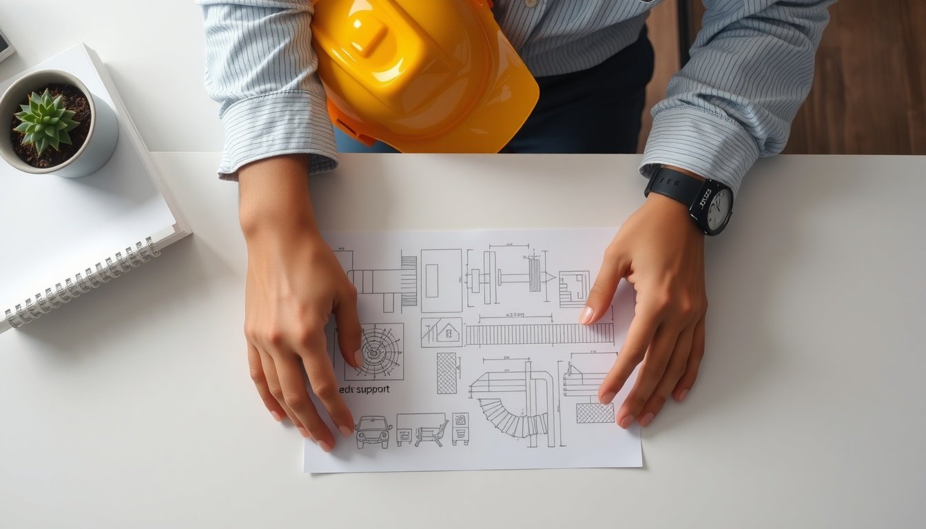 한국건설기술교육원 - flat lay of construction safety helmet and blueprint on white desk, Korean construction education support concept