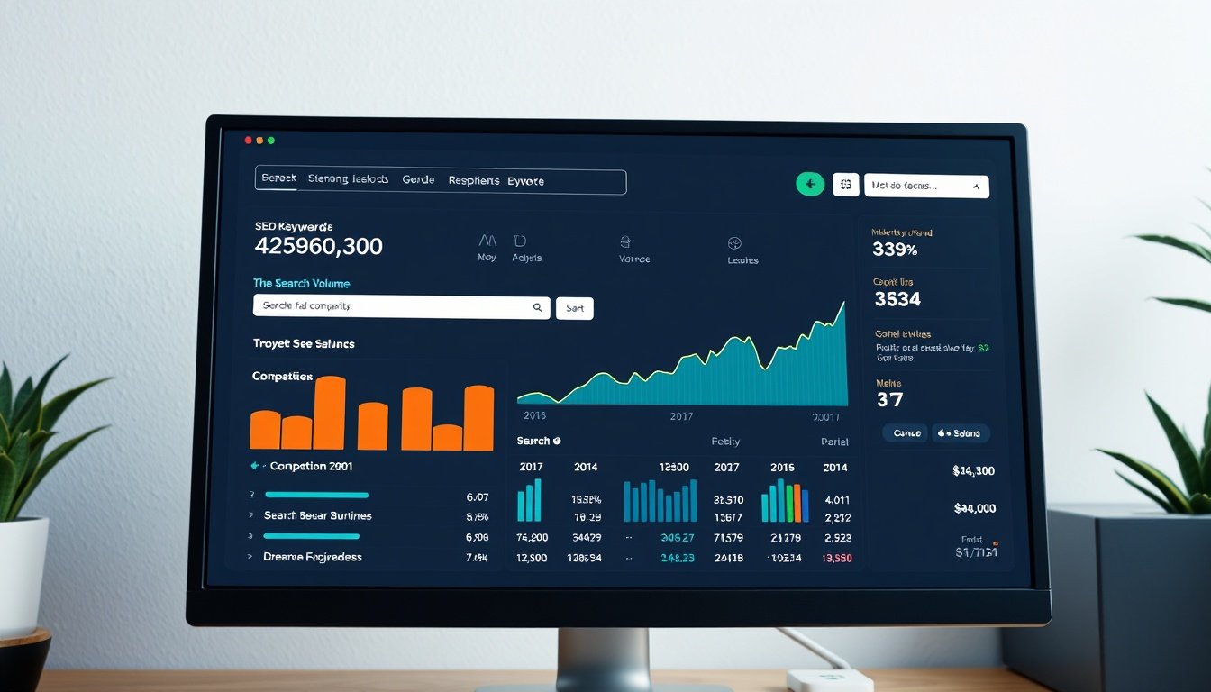 SEO keyword research dashboard showing search volume and competition metrics on a computer screen