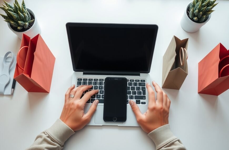 스마트스토어 - flat lay of laptop, smartphone, and shopping bags on white desk, smart store e-commerce concept