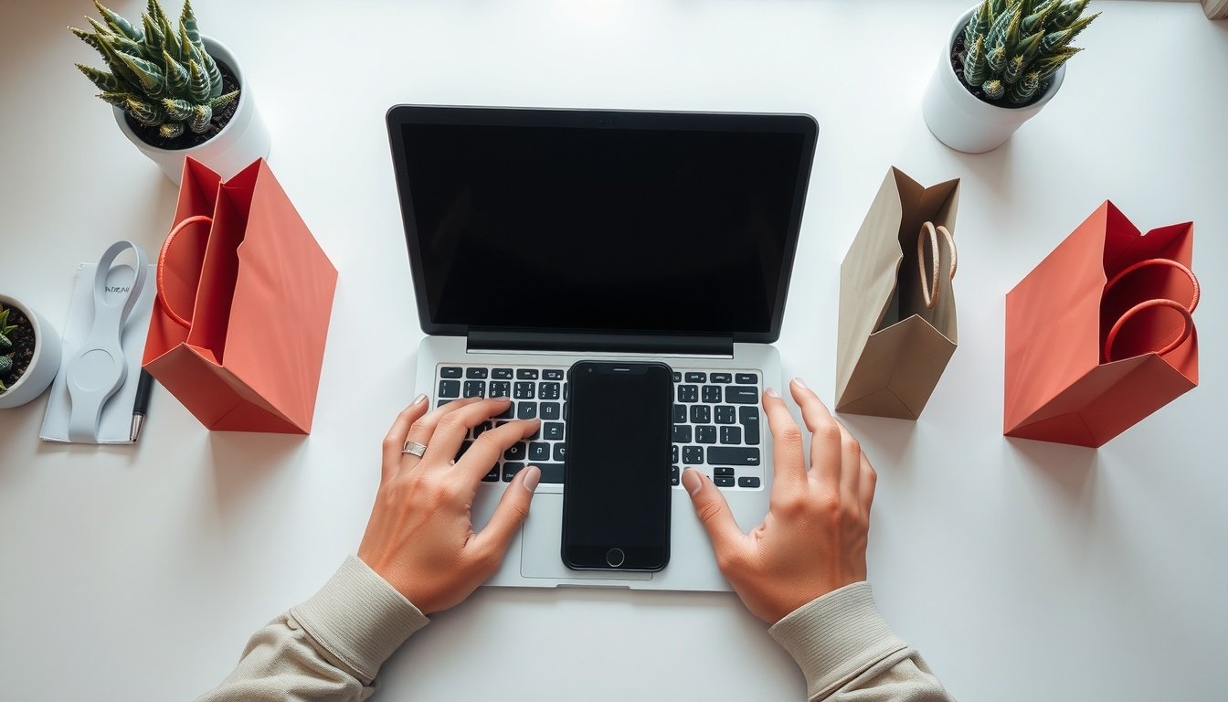스마트스토어 - flat lay of laptop, smartphone, and shopping bags on white desk, smart store e-commerce concept